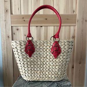 Stylish Straw and Red Leather Woven Shoulder Bag